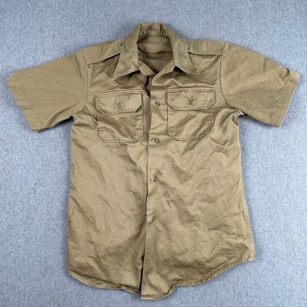 US Military Khaki Short Sleeve Utility Shirt Tan Button Up Small Pockets Collard